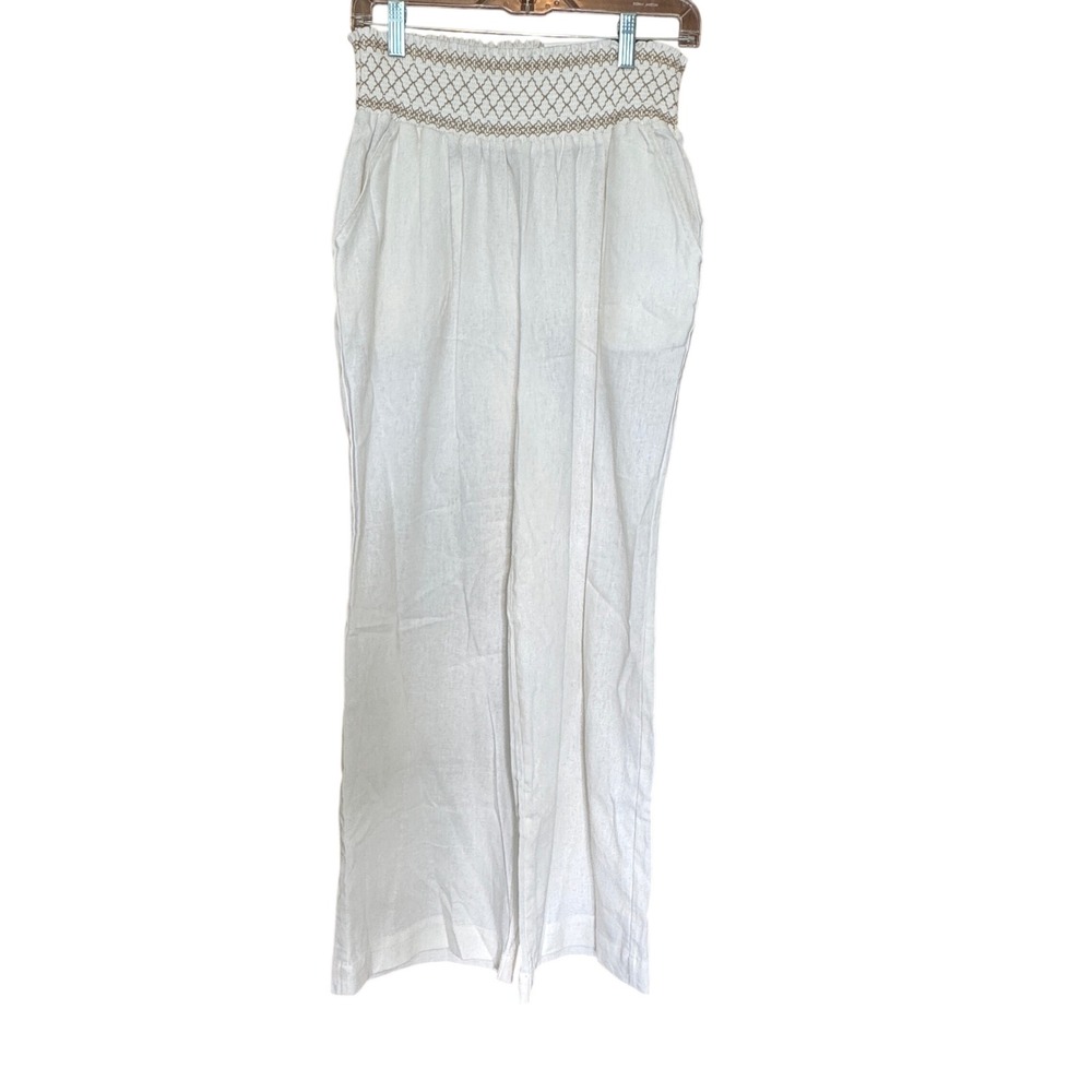 Westbound The Island Pant Large NWT Mid Rise Wide Leg Smocked Waist Linen Blend